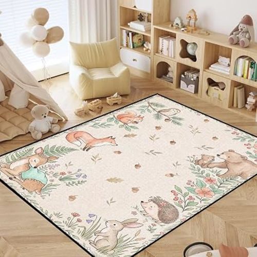 Woodland Animal Rug 4x6, Cute Washable Area Rug