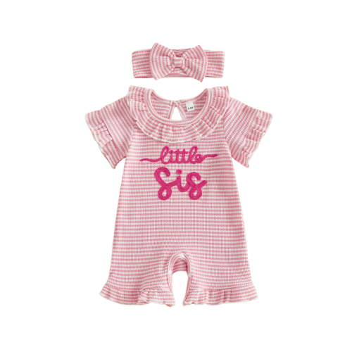 BemeyourBBs Newborn Baby Girls Little Sister Outfit Waffle Knit Ruffle Romper Little Sis Letter Embroidery Short Sleeve Infant Bodysuit Jumpsuit Headband Cute Baby Girl Summer Clothes