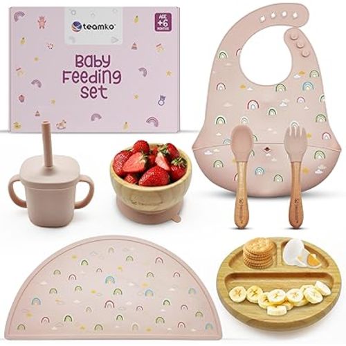 TEAMKO® Silicone Baby Feeding Set: Bamboo Baby Plate and Bowl, Bib, Utensils, Cup & Placemat - Bamboo Kids Plates - Ideal for Baby Led Weaning + Nutritional Guide