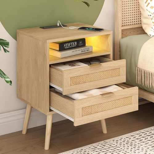 Rattan Nightstand with Charging Station USB Port Led Lights and 2 Storage Drawers, Bedroom Furniture Night Stand Bedside Table, Rattan Side Table, End Table (1 Pack)