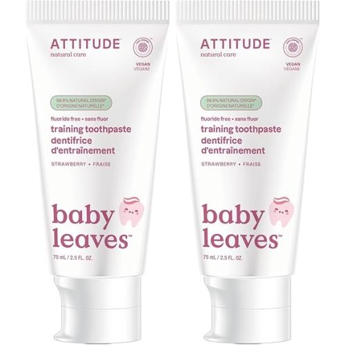 Attitude Baby and Child Fluoride-Free Training Toothpaste, Naturally Derived Ingredients, Vegan, EWG Verified, Strawberry, 2.6 Oz (Pack of 2)