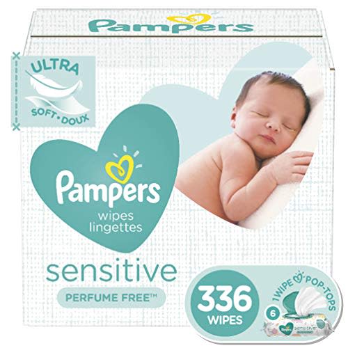 Baby Wipes, Pampers Sensitive Water Based Baby Diaper Wipes, Hypoallergenic and Unscented, 6 Pop-Top Packs, 336 Total Wipes (Packaging May Vary)