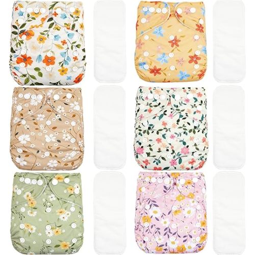 CoolaPeach 12 Set Reusable Adjustable Cloth Diapers for Newborn to 0-3 Years,One Size Washable Pocket Nappy Covers for Baby Girl and Boy,6 Pack Cloth Diapers+6pcs Microfiber Inserts (NCP05)