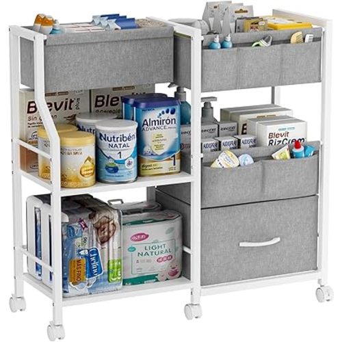 Baby Diaper Caddy Organizer and Storage, 3-Tier Rolling Wheels Cart with Dividers and Shelves, Bedside Utility Cart for Nursery Essentials, Large Capacity Mobile Storage Cart for Crib, White