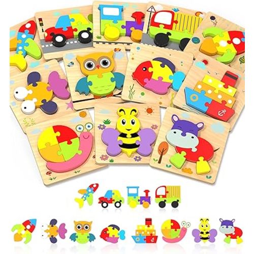 Yetonamr Wooden Toddler Puzzles Gifts Toys for 1 2 3 Years Old Boys Girls, 12 Vehicle Shape Montessori Toy Educational Blocks Kids Toys Gift Baby Learning Toy Age 1-3, 2-4