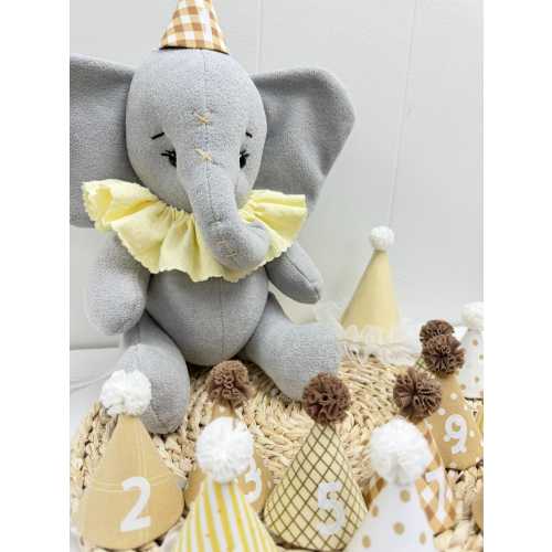 Handmade Elephant Plush & Milestone Hats Set | First Year Baby Photo Props