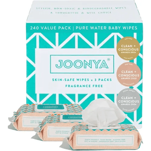 JOONYA Unscented Baby Wipes — Plant-Based, Fragrance-Free Diaper Wipes | Hypoallergenic, Non-Toxic, Compostable & Biodegradable Wet Wipes for Sensitive Newborn Skin | 3 Packs of 80 Wipes (240 Total)