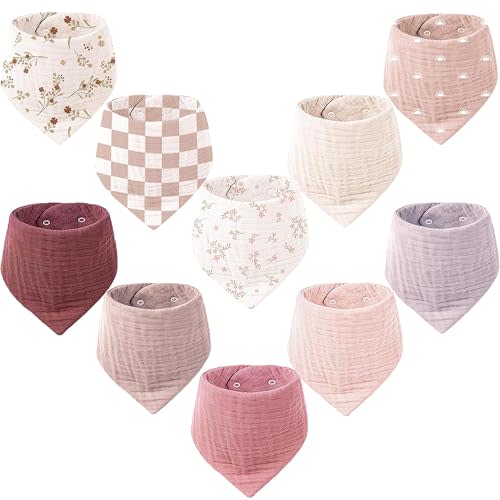 Konssy Muslin Baby Bibs 10 Pack Baby Bandana Drool Bibs 100% Cotton for Unisex Boys and Girls, Soft Absorbent Set for Teething and Drooling
