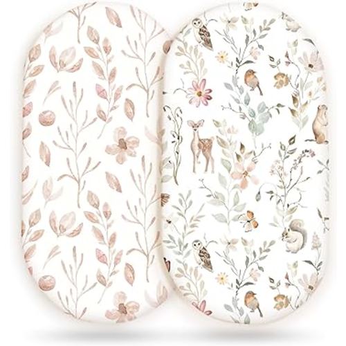 Stretchy Ultra Soft Fitted Bassinet Sheet Set 2 Pack, Universal Fit for Bassinets Baby Cradle Moses Basket Oval Rectangle Mattress Safe and Snug, Beautiful Blush Pink Floral and Cute Animals Print