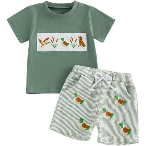 Toddler Baby Boy Hunting Outfit Summer Short Sleeve Mallard Duck T-shirt Checkered Plaid Shorts Two Piece Clothes