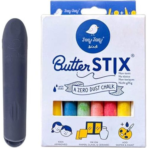 Jaq Jaq Bird ButterStix 12pk Assorted Colors + Holder | Non-Toxic Erasable Dust-Free Mess Free Chalks for Kids