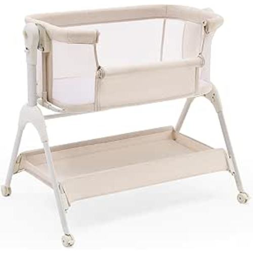 HARPPA Cuddly Sway Baby Bassinet Bedside Sleeper, 3 in 1 Rocking Bassinet with Mattress and Soft Cover, Full Mesh Sides, 5 Height Adjustable with Wheels for Newborns, Beige