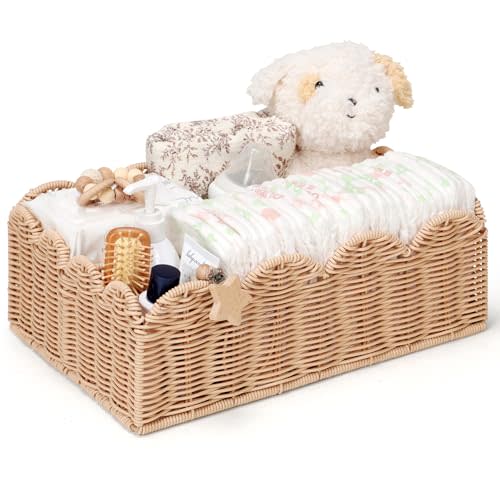 Wicker Diaper Caddy Organizer, Rattan Baby Basket, Flesh Tone, L | Handwoven Nursery Storage Basket for Baby Essentials, Diaper Organizer for Changing Table, Baby Shower Gifts