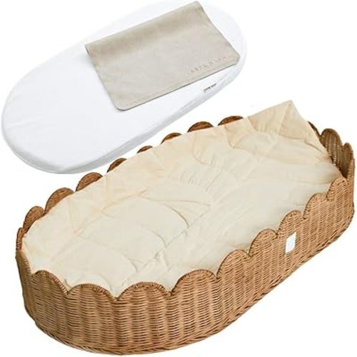 BEBE BASK Premium Baby Changing Basket - Artisan-Crafted Scalloped Rattan - Changing Basket for Baby Dresser - All Accessories Included - Complete Set for Nursery (Mocca)