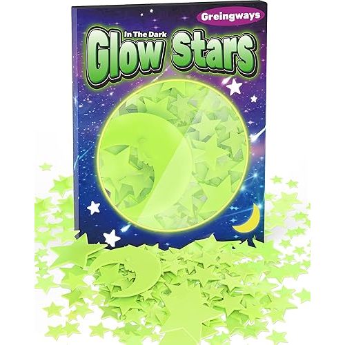 Greingways 201 Pcs Glow in The Dark Stars Stickers for Ceiling Bedroom, Stocking Stuffers for Kids Ages 3-5, 4-8, 8-12, Boys Girls Room Decor Wall Stickers Easter Basket Stuffers for Toddler - Green