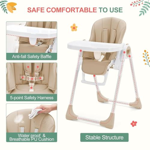 Foldable High Chairs for Babies and Toddlers with 7 Height and 5 Recline Adjustable Backrest