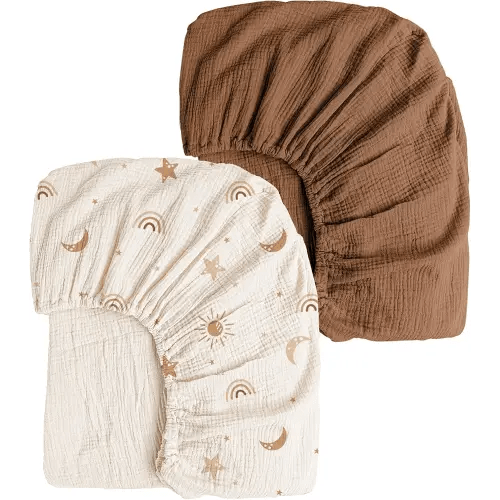 Konssy Muslin Crib Sheets for Girl Boy, 2 PCS Soft and Breathable Cotton Baby Sheets for Standard Crib Mattress, 52"x 28" (Sunbeam Yellow, Coffice)