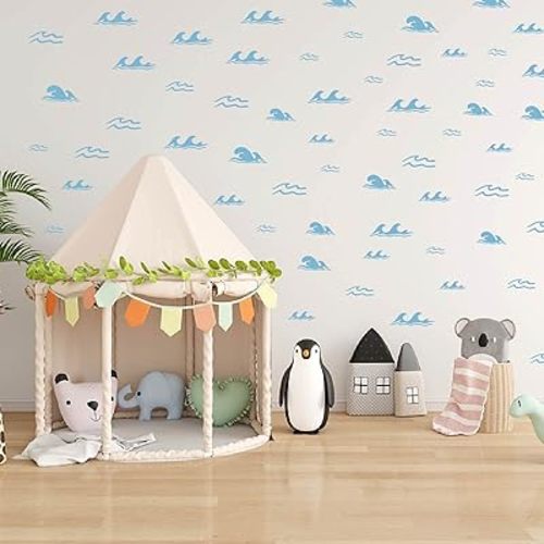 PLIGREAT 62 Pcs Blue Ocean Waves Wall Stickers, Removable Vinyl Wall Decals Water Wave Bathtub Sticker for Bathroom Living Room Wall Decoration Home Indoor Wall Art Decor Bathtub Decor