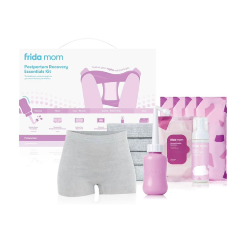 Frida Mom 11pc Postpartum Essentials Kit Gift Set, Hospital Bag Must Haves for New Mom, Includes 4 Disposable Postpartum Underwear, 4 Ice Maxi Pads, Perineal Healing Foam & 24 Pad Liners & Peri Bottle