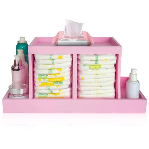 Diaper Caddy Organizer, Changing Table Organizer, Wooden Diaper Organizer for Nursery, Baby Diaper Storage Organizer with Removable Dividers (Pink, Rectangular Size)