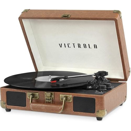 Victrola Journey Bluetooth Portable Suitcase Record Player – with Built-in Speakers, 3 Speed Vinyl Record Player, RCA Out, Headphone Jack (White)