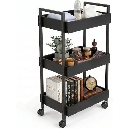 WOPITUES 3-Tier Wooden Rolling Utility Cart with Metal Handle, Black