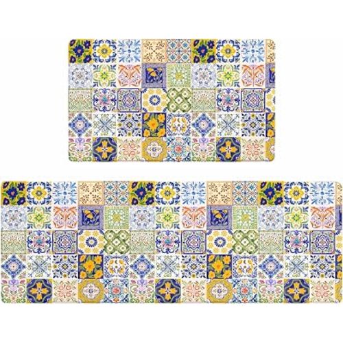 Rexful Mediterranean Tile Kitchen Rug Runner and Mat Set 2 PCS, Easy Clean Non-Slip Washable Floor Mats, Blue Yellow Floral Geometric Tile Pattern Kitchen Decor (Blue, 47''×17.3''+29''×17.3'')