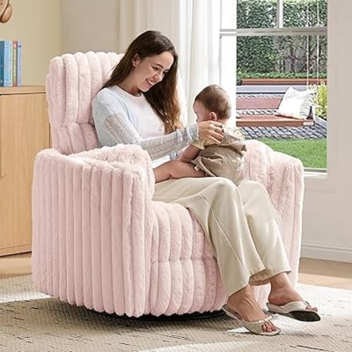 Jocisland Power Rocking Nursery Chair, Oversized Recliner Swivel Glider Chairs for Adults with 2 Pillows, USB & Type-C, Cozy Reclining Armchair Sofa for Living Room, Bedroom, Nursing, Light Pink
