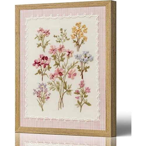 Framed Pink Wildflowers Canvas Wall Art Floral Nursery Painting Picture Wall Decor Boho Minimalist Floral Poster Print Artwork for Girl‘ Room Nursery Bedroom Guest Room Home Decoration,12x16 Inch