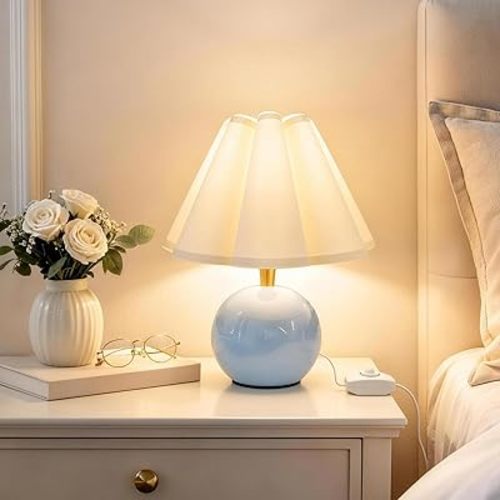Bedside Table Lamp, Ceramic Stepless Dimmable Lamp with Scalloped Fabric Shade,Decorative Accent Light for Nightstand, Living Room, Console or Kids Dorm,Blue (E26 LED Bulb Included)