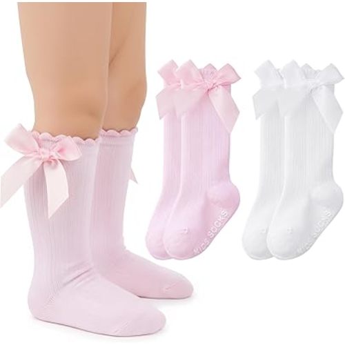 2 Pairs Baby Girls Knee High Socks Non Slip Toddler Girl Long Cotton Tube Stockings Bow Ruffles Infant Dress Socks