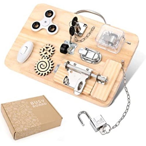 Wooden Montessori Toys Busy Board for 1 2 3 4 Year Old, Baby Toddler Sensory Toys, for Fine Motor Skills, for Autism ADHD