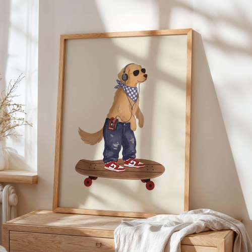 Dog Skateboard Nursery Wall Art Print, Cool Puppy Kids Poster, Retro Skater Dog Illustration, Boys Room Decor, Modern Animal Art, Unframed