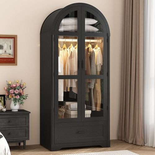 2 Doors Arched Armoire Wardrobe Closet w/Drawers,LED Light,Wooden Closet Wardrobe Cabinet with Hanging Rod for Bedroom,Modern Armoire Storage Cabinet w/Shelf,Black