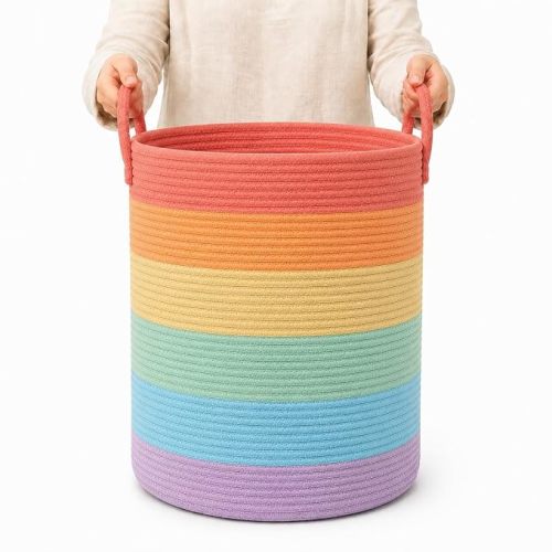 OrganiHaus Rainbow Laundry Basket & Hamper, Nursery Playroom 52L | Rainbow - Rainbow Cotton Rope Hamper, Nursery 52L