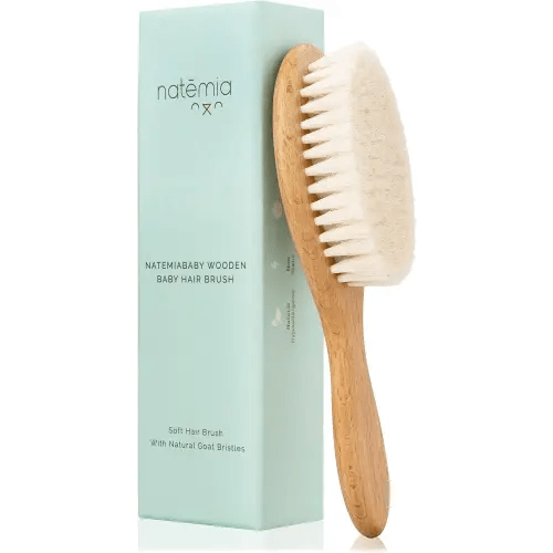 Natemia Wooden Baby Hair Brush - Natural Goat Hair Bristles - Gentle Soft Bristles for Scalp Massage - Cradle Cap Comb for Flake Removal - For Baby Grooming Kit & Toddler Hair Brush