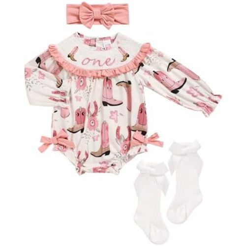 GRNSHTS Baby Girl 1st Birthday Outfits One Year Old Printed Romper Embroidery Bodysuit Cake Smash Clothes