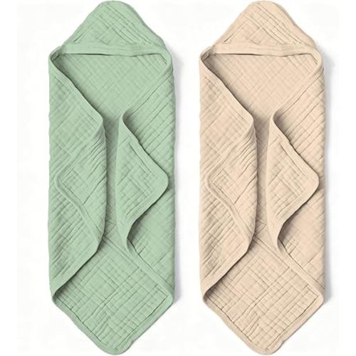 Organic Muslin Hooded Baby Bath Towels - 2 Pack 100% Organic Cotton Towel for Babies, Infants, Toddlers - 32x32Inch - Highly Absorbent and Newborn Essential(Brown Green)