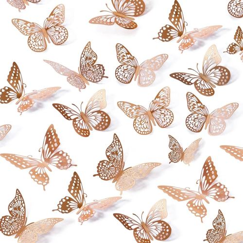 SAOROPEB 3D Butterfly Wall Decor, 48 Pcs 4 Styles 3 Sizes, Removable Metallic Wall Sticker Room Mural Decals for Kids Bedroom Nursery Classroom Party Decoration Wedding Decor DIY Gift (Rose Gold)
