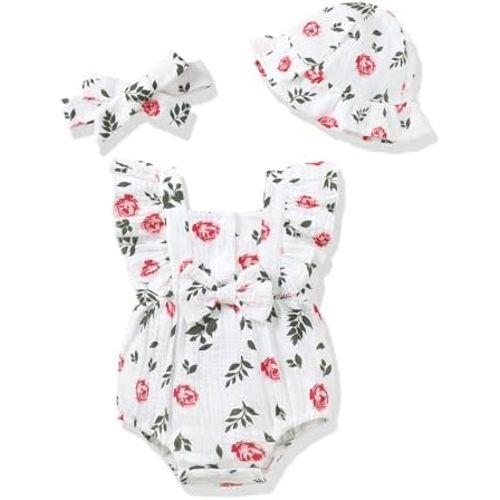 Renotemy Baby Girl Clothes Infant Summer Romper Cotton Linen Newborn Essentials Photography Preemie Outfits with Hat&Headband