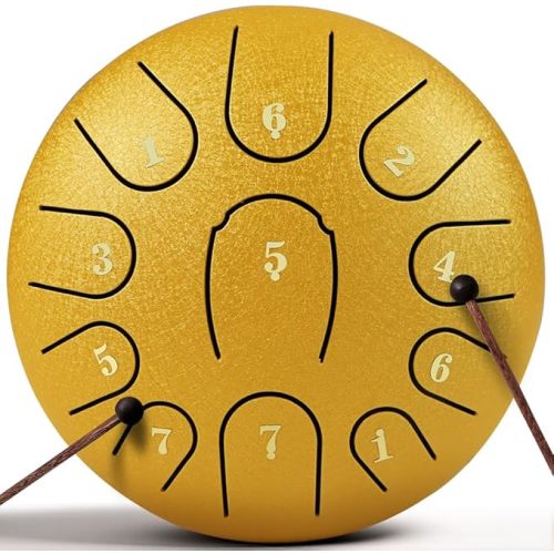 Yellow Rain Drum, Steel Tongue Drum 6 Inch 11 Note Steel Drums Rain Chime,with Soft Bag, Music Book (Yellow, 6 Inch 11 Note)