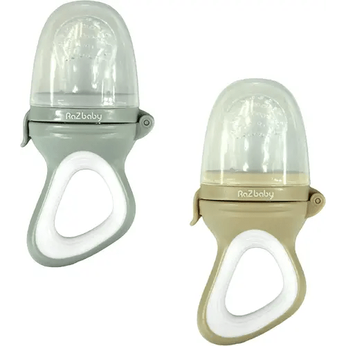 RaZbaby Baby Solids/Frozen Fruit Feeder Pacifier, Infant Teether Toy 6M+, BPA-Free, Safely Introduce Solids, Natural Teething Relief, Dishwasher Safe, Freezable – Grey & Tan 2-Pack