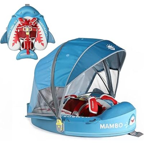 Mambobaby No-Flip Baby Pool Float with Canopy & Tail Non-Inflatable Swim Float for Infants, Pearl-Foam, UPF 50+ & Adjustable Safety Five-Way Harness, Skin-Friendly for Boys Girls 3-24 Months