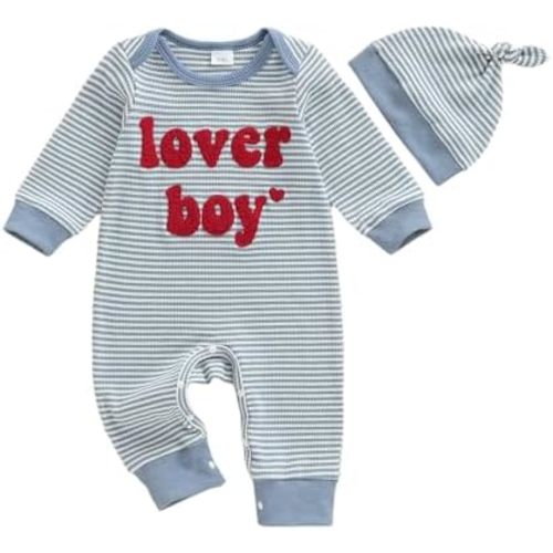 Lesimsam Newborn Infant Baby Boy Valentines Outfit Letter Embroidery Long Sleeve Waffle Knit Romper Jumpsuit with Hat