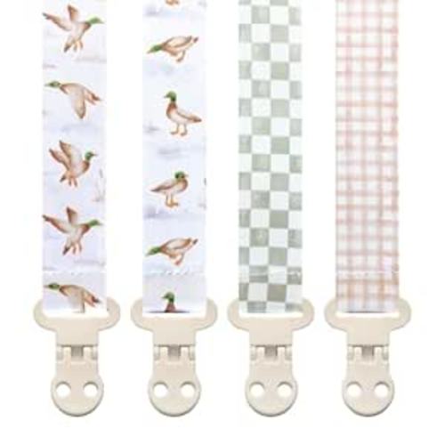 Stadela Baby Pacifier Clip Holder - Boy and Girl Unisex 4 Pack Gift Set – Neutral Checker Gingham Plaid Ducks Mallards Beige Brown and Green