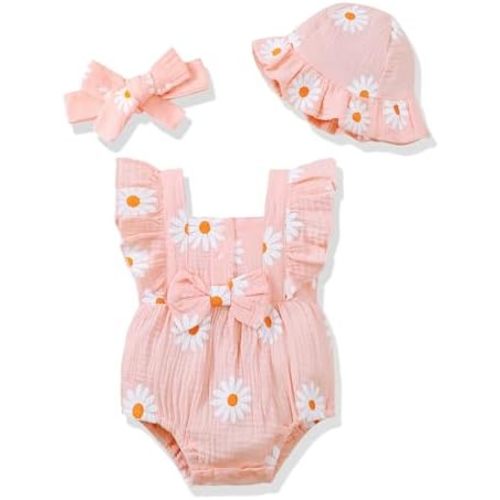 Renotemy Baby Girl Clothes Infant Summer Romper Cotton Linen Newborn Essentials Photography Preemie Outfits with Hat&Headband