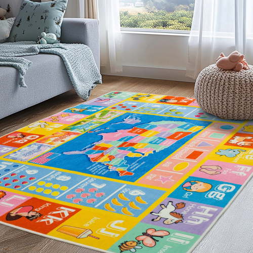 ASPILLOW Educational Kid Area Rug for Playroom,Soft Plush Surface Washable Carpet for Learning ABC Alphabet, Numbers, Season,Shapes,Map,4x5ft