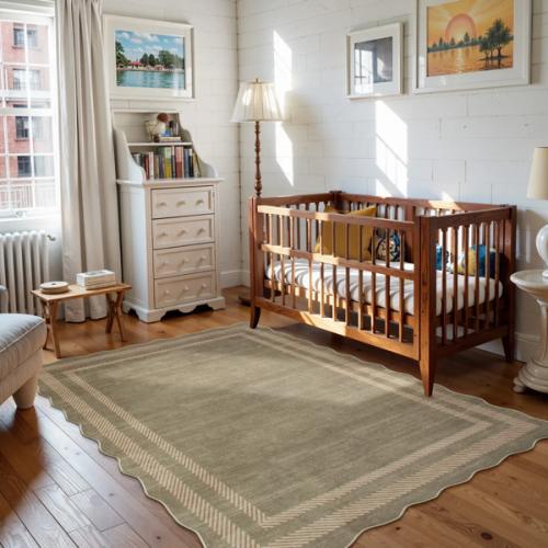 5x7 Brise Washable Farmhouse Scalloped Olive Green Rug