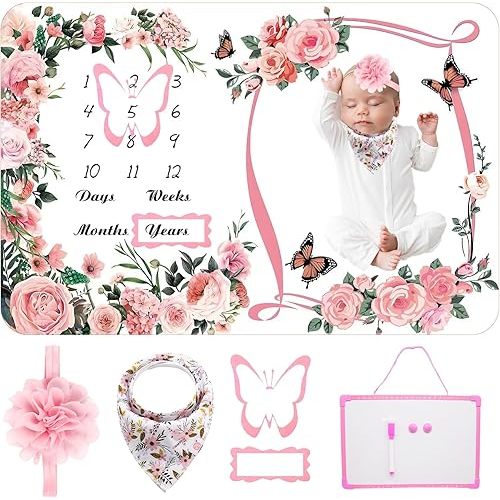 Milestone Blanket for Baby Girl (Pink 60x40 Inches), with Photo Aid Frame, Saliva Towel, Erasable Writing Board, Hair Band, Documenting Growth。