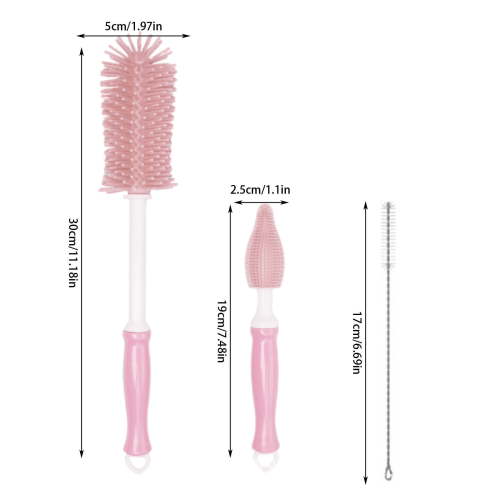 Bottle Cleaning Brush Set, 3 In 1 Rotatable Silicone Bottle Nipple & Straw Brush for Feeding Bottles Sippy Cup Deep Cleaning,3Pcs Pink
